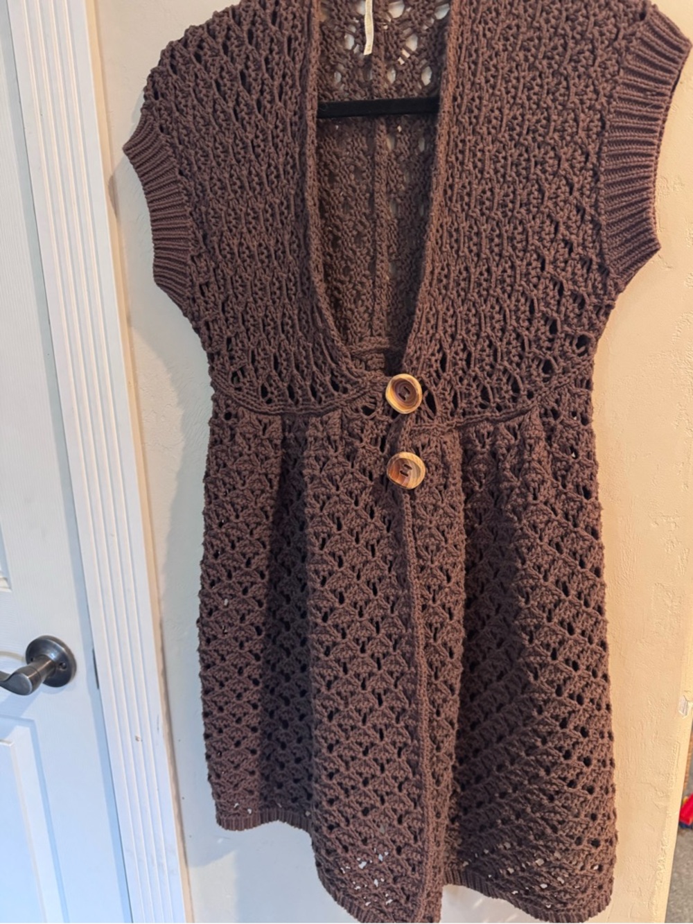 Free People Brown Crochet Knit Short Sleeve Cardigan